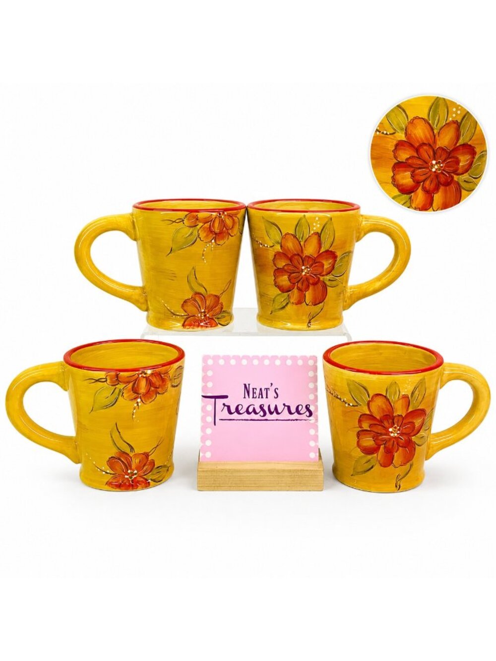 Ambiance Collection FLEUR SAUVAGE Mustard Red Flowers Large 20 oz Cup Mug Set 4